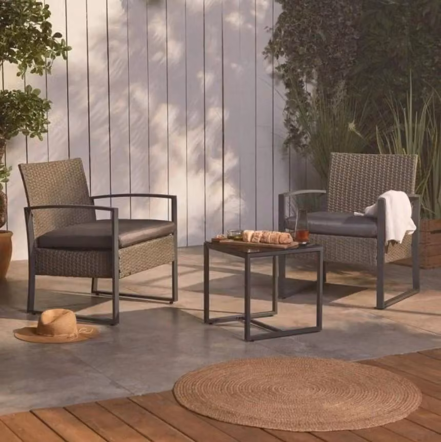 VonHaus Kuta 2-Seater Rattan Bistro Set with Glass Top Table and Chairs in Grey and Black