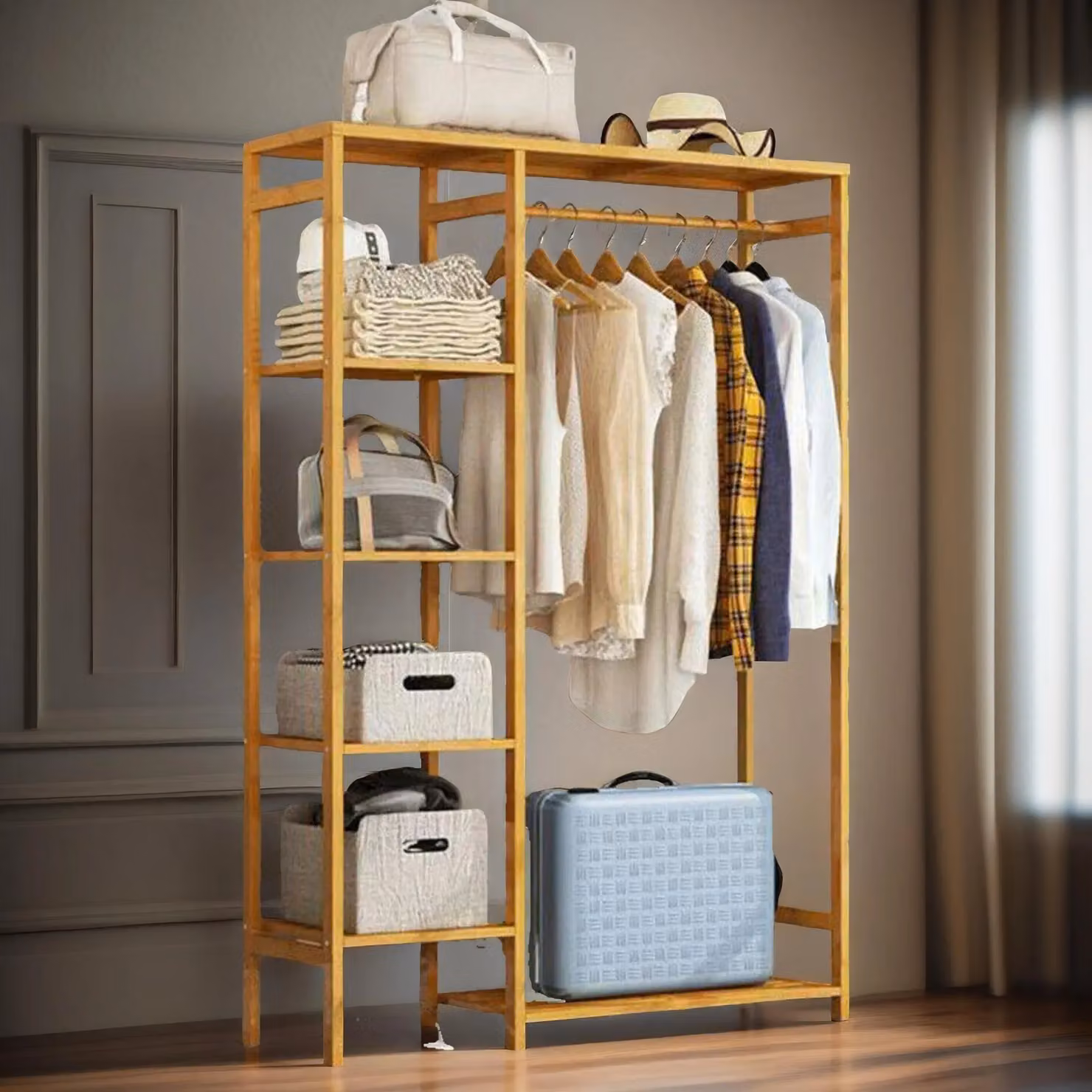 Rafaelo Mobilia Bamboo Clothes Rail with 5 Shelves in Brown, W/D/H: 146 x 30 x 30 cm – 2