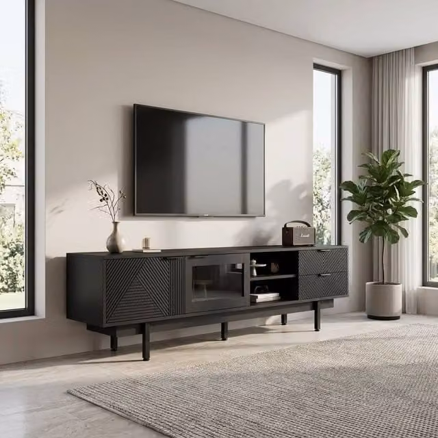Stilvora Modern Black Matt TV Stand with 2 Doors, 2 Drawers, Shelves and Metal Accents – 1