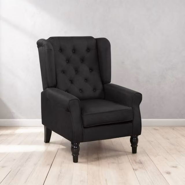 ERGOVEXA Retro Black Fabric Tub Accent Chair with Solid Wood Frame, H 86 cm x W 74 cm x D 102 cm