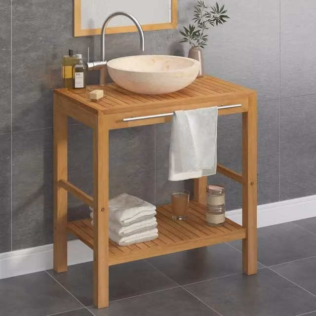 Berkfield Home Solid Teak Bathroom Vanity Cabinet with Cream Marble Sink in Brown