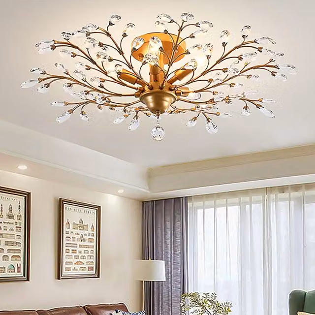 Garwarm 5-Light Dimmable Crystal Semi Flush Mount Ceiling Light in Gold/Brass, W: 80 cm, D: 30 cm, H: 30 cm – 1