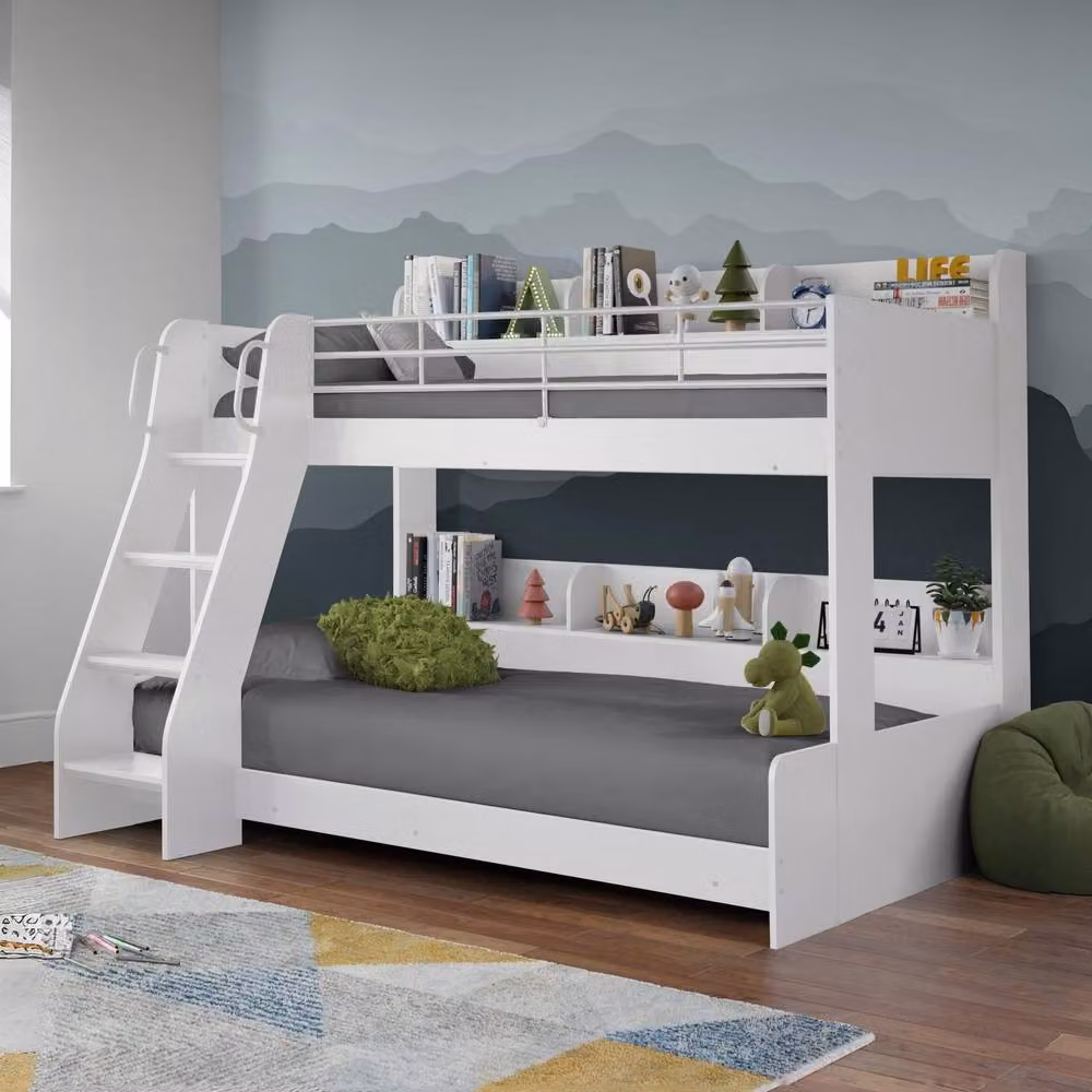 Cheshire Modern Walnut Triple Sleeper Bunk Bed in White with Stairs and Side Compartments, W/D/H: 90 x 200 cm – 2