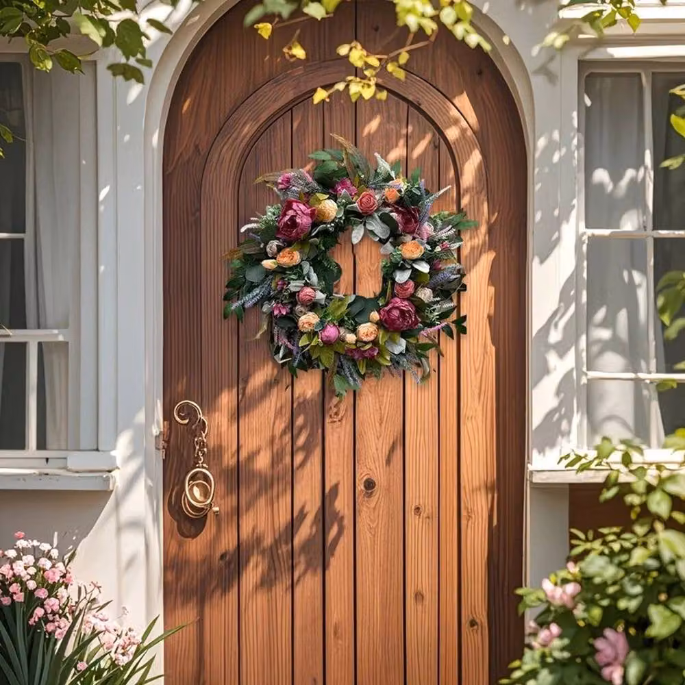 FLAVORA Pink and Multicolour Artificial Peony Flower Front Door Wreath, Diameter: 45 cm – 3