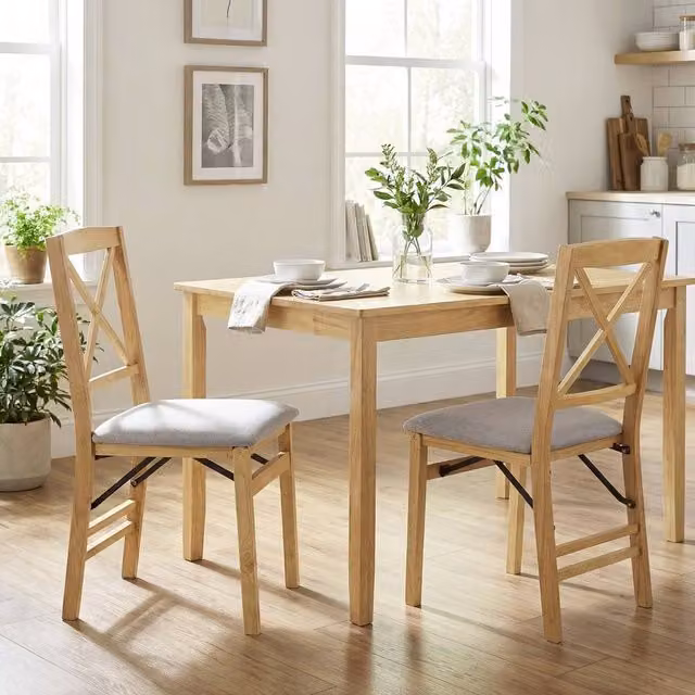 EONLION Set of 2 Scandinavian Style Folding Dining Chairs in Sand and Grey Fabric with Wood Finish