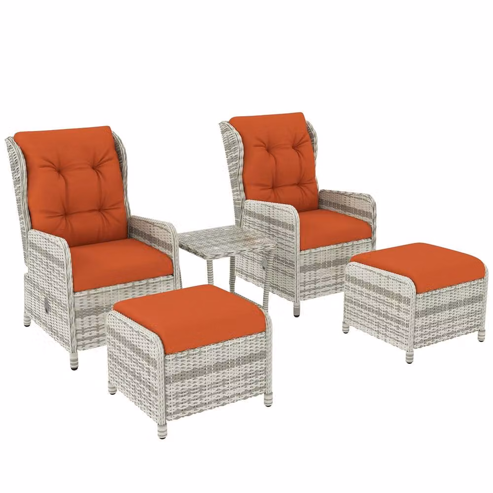 Wyld Haus Bapa 5 Piece Orange Rattan Reclining Bistro Set with Glass Top and Footstools – 2