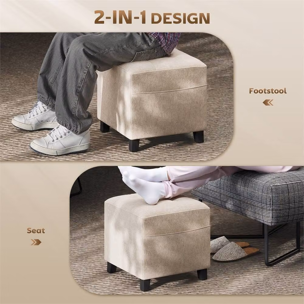 EONLION Beige Square Fabric Footstool with Side Pocket, W: 100 cm – 2