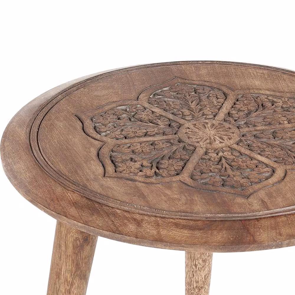 Wyld and Coco Set of 2 Round Oriental-Inspired Mango Wood Side Tables in Brown – 3