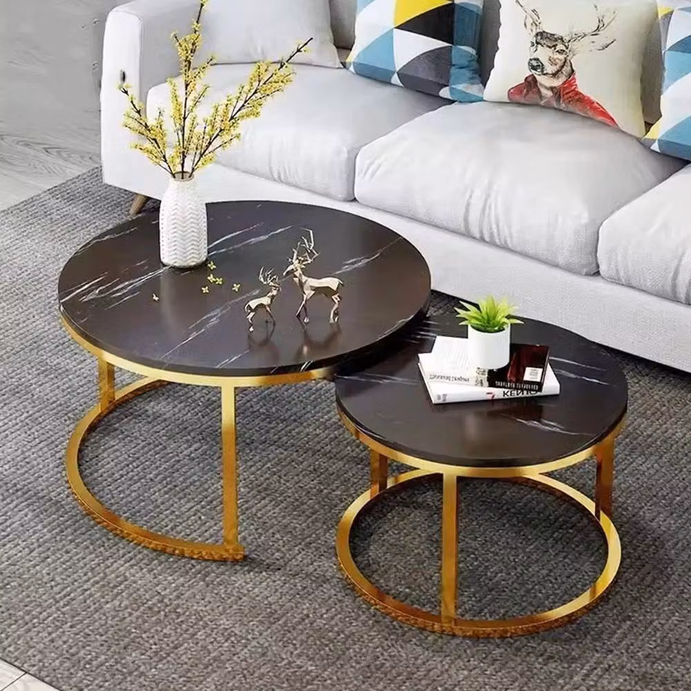EONLION Set of 2 Round Black Marble Nesting Coffee Tables with Gold Sled Base – 3