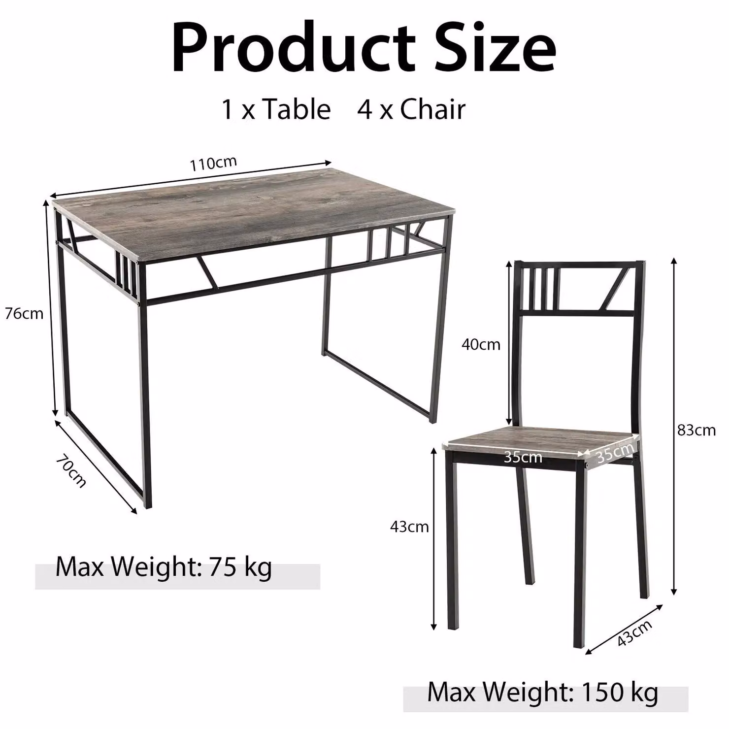 Costway Industrial 5 Piece Dining Set with Rectangular Table and 4 Chairs in Grey – 2