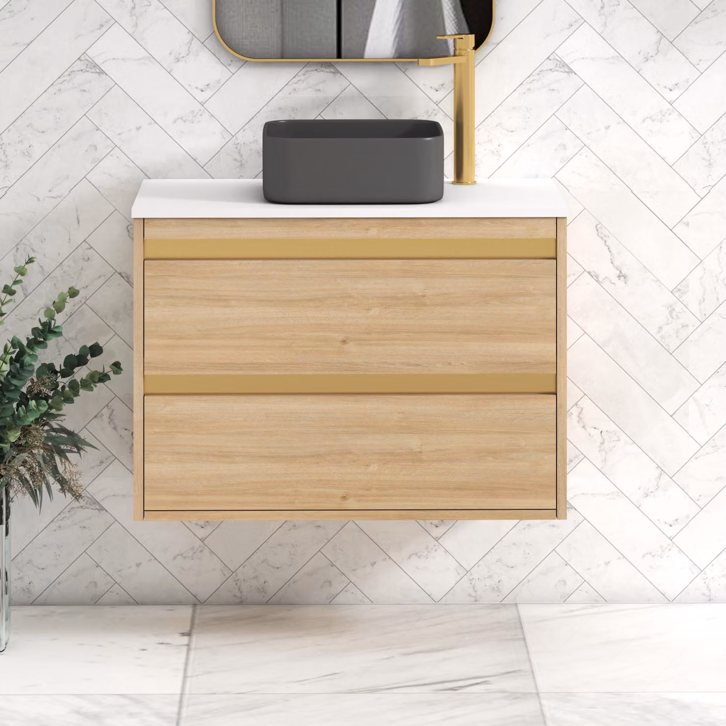 Royal Bathrooms Orion 800mm Natural Oak Wall Hung Vanity Unit with Plain White Countertop, 2 Drawers, Art Square Basin and Brushed Brass Accent Trim