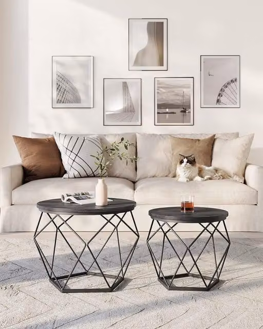 VASAGLE Set of 2 Industrial Round Nesting Side Tables with Black Metal X-Frame and Composite Tops