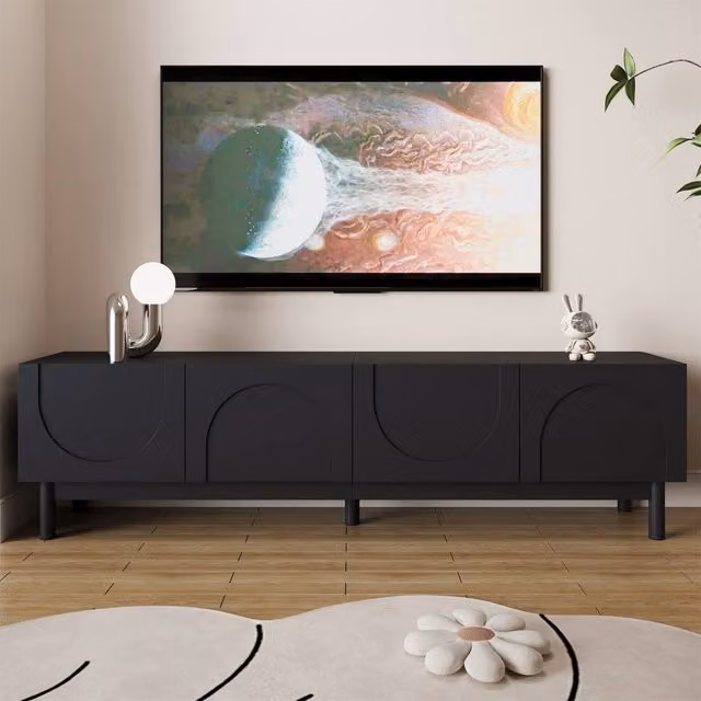 Matteo Modern Black TV Cabinet with Curved Doors and Wood Legs