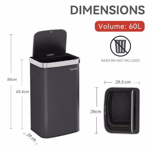 CozyLiving Automatic Motion Sensor Kitchen Bin in Grey, 65.5 x 39.0 x 29.5 cm – 2