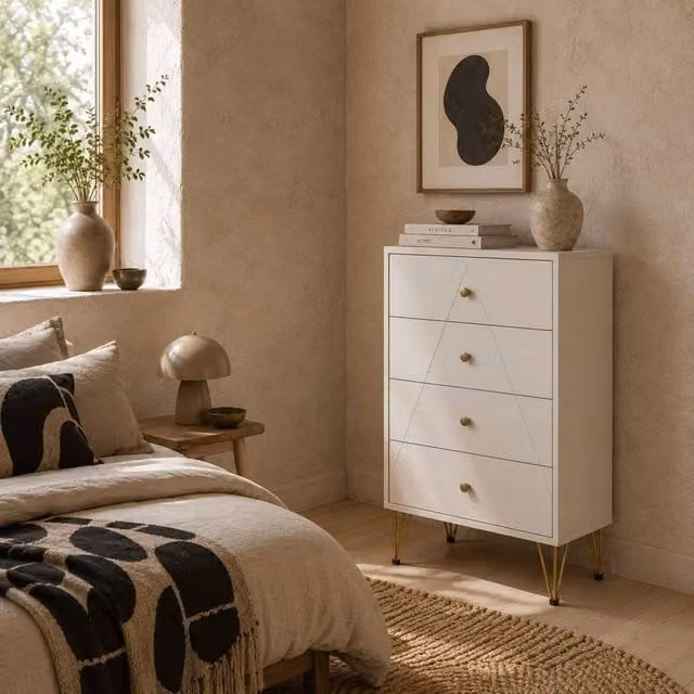 Wyld Haus Nebaso White 4 Drawer Tall Chest with Gold Hairpin Legs W/D/H: 40 x 40 x 100 cm