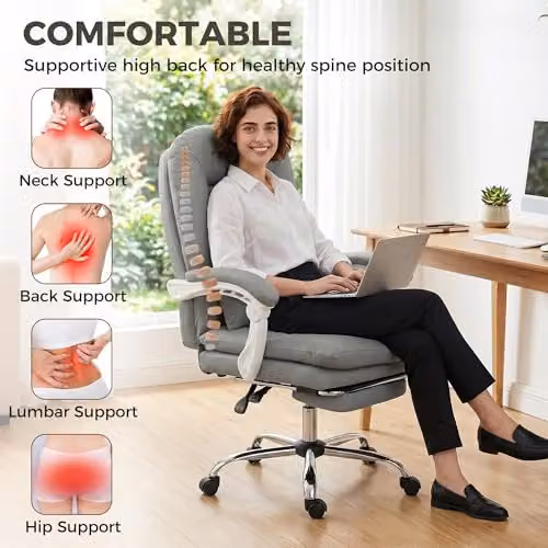 HOMCOM Ergonomic Executive Office Chair in Grey Synthetic Leather with Lumbar Support and Headrest, W/D/H: 70 x 70 x 120 cm – 4