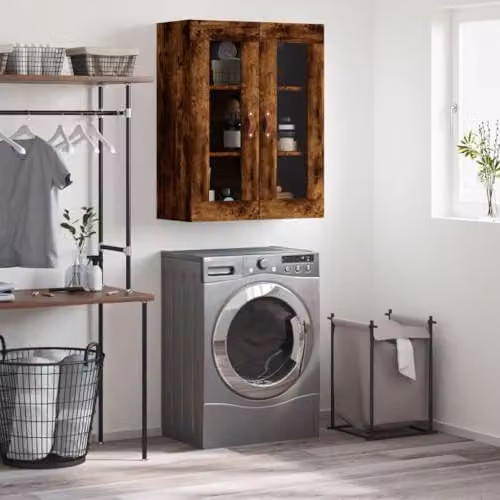 vidaXL Wall Mounted Cabinet in Smoked Oak with Glass Doors, W/D/H: 69.5 x 34.0 x 90.0 cm – 2