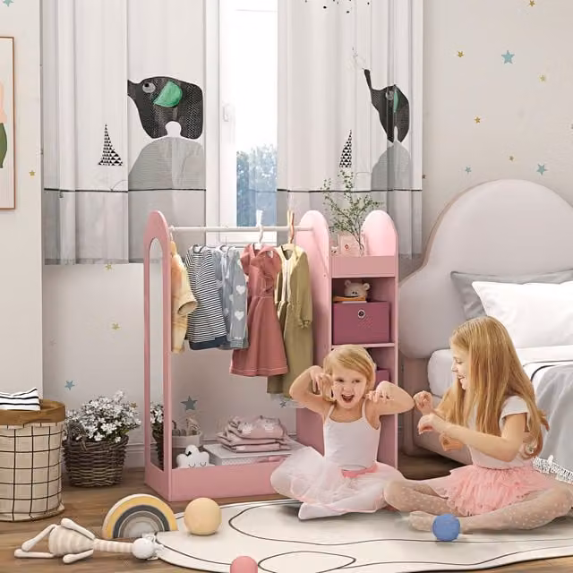 AIYAPLAY Kids Cloth Rail with Storage Shelf, Boxes and Mirror in Pink