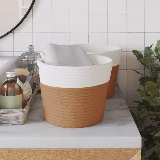 Berkfield Home Storage Baskets, 2 Pack, Brown and White Cotton Open Weave Fabric, W: 24 cm, H: 18 cm