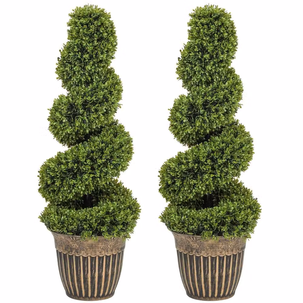 Wyld Haus Set of 2 Artificial Spiral Boxwood Topiary Trees in Pots, Height: 90 cm, Light Green – 2