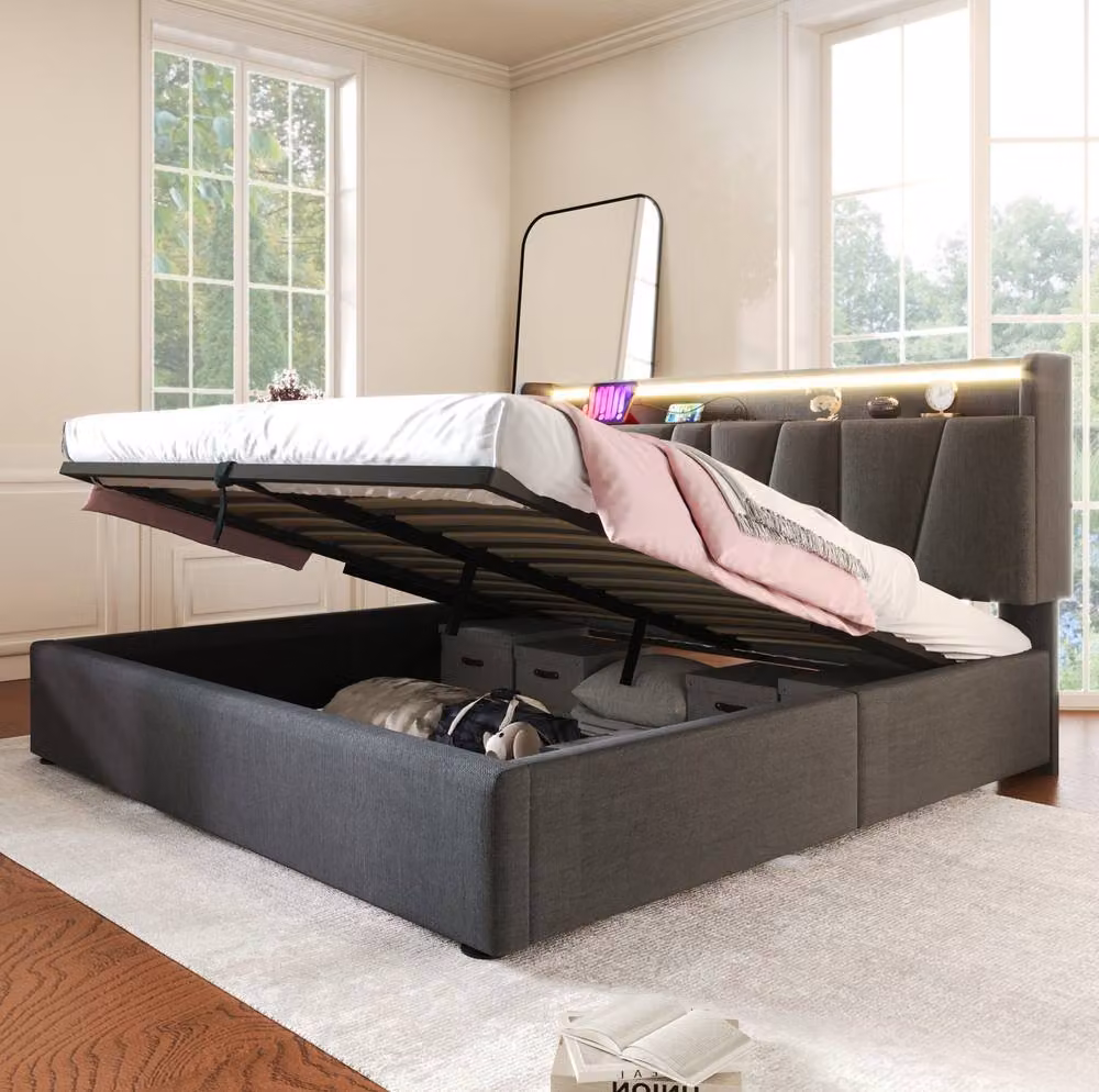 STILVORA Double Bed Frame in Grey with Upholstered Storage Headboard, LED Lighting and USB Charging Ports – 2
