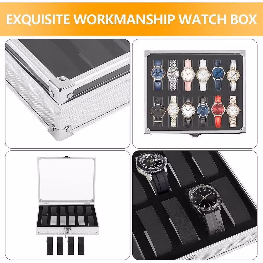 Kelvenix Silver Transparent 12 Slot Aluminium Wristwatch and Jewellery Display Storage Box, W/D/H: 26.0 x 21.0 x 6.0 cm – 4