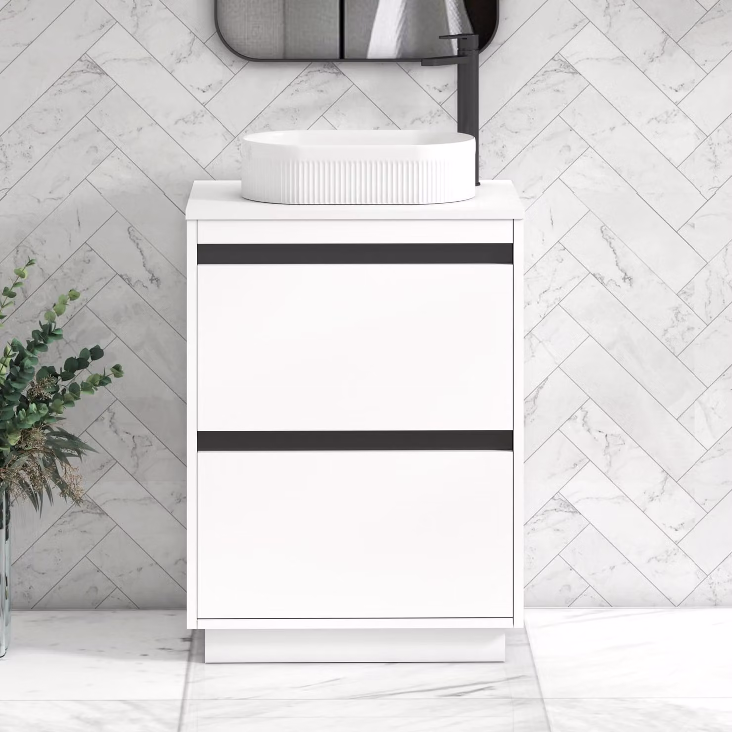 Royal Bathrooms Orion 600mm Matt White Floor Standing 2 Drawer Vanity Unit with Lyon Basin and Black Accent Trim