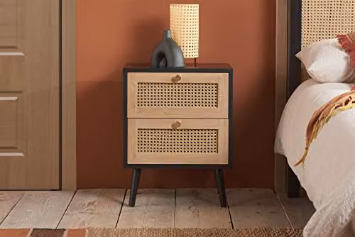 Birlea Croxley 2 Drawer Rattan Bedside Table in Black Oak, W: 45.0 cm, D: 34.0 cm, H: 59.0 cm – 2