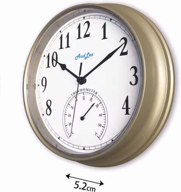 Audlee Round Analog Tub Wall Clock with Thermometer in Champagne Gold