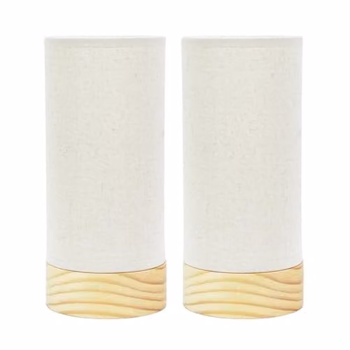 ValueLights Pair of Natural Wood Table Lamps with Beige Fabric Shades and LED Bulbs