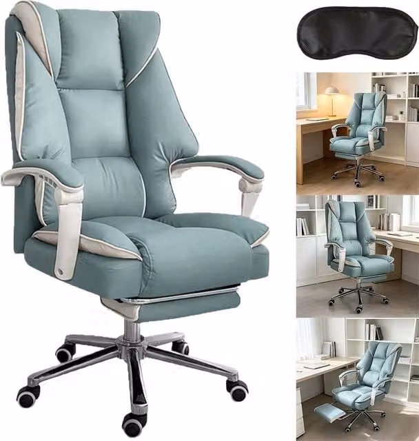 FORGEVIO Blue Synthetic Leather Executive Office Chair with Headrest and Foot Ring