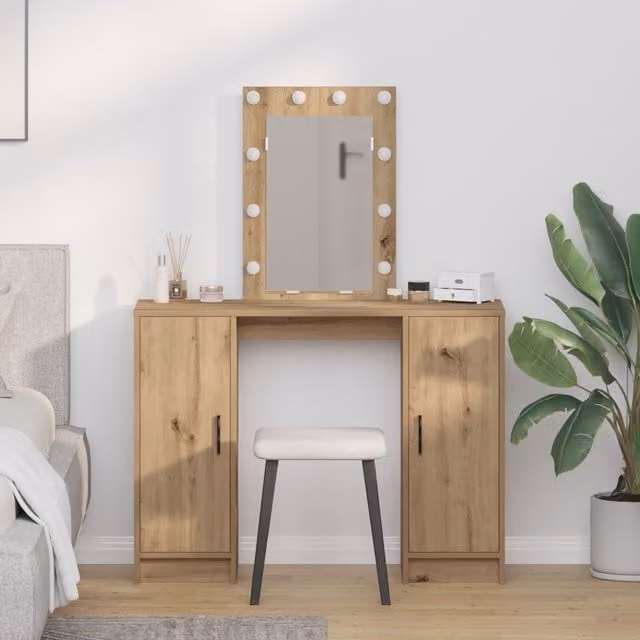 Berkfield Home Artisan Oak Dressing Table with Hollywood LED Lights in Brown, W: 102 cm, D: 33 cm, H: 135 cm