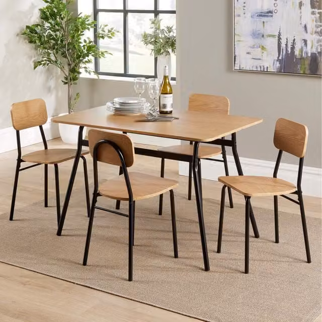 Home Source Harlow Dining Set with Rectangular Table and 4 Chairs in Brown Oak Effect