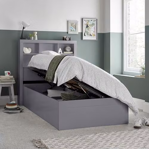 Bedmaster Oscar Grey and White Wooden Bookcase Ottoman Storage Bed with Lift Up Base, 90 x 190 cm
