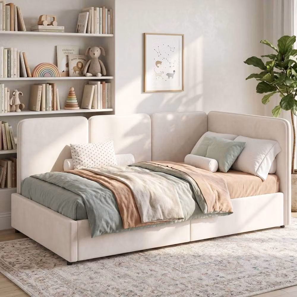 ModernLuxe Single Velvet Upholstered Ottoman Daybed with Reversible Asymmetric Chaise in Beige, W/D/H: 90 x 190 x 76.5 cm – 2