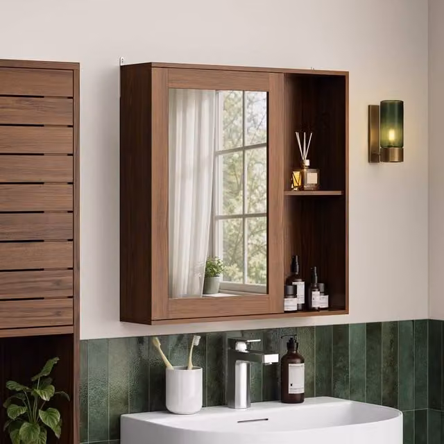VonHaus Chester Wall Mounted Bathroom Mirror Cabinet in Dark Brown with Hinged Doors and Internal Shelves
