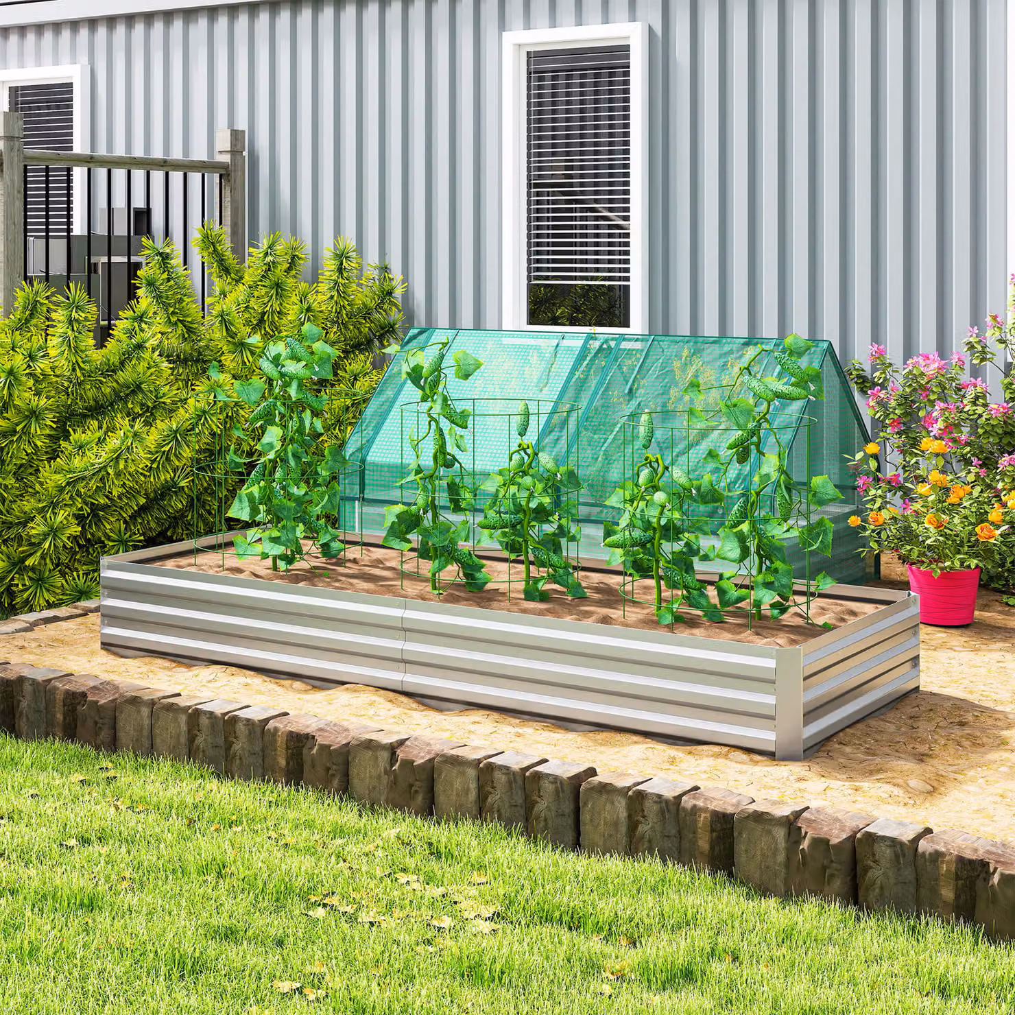 Outsunny Silver Metal Raised Garden Bed Planter Box for Flowers, Herbs and Vegetables – 2