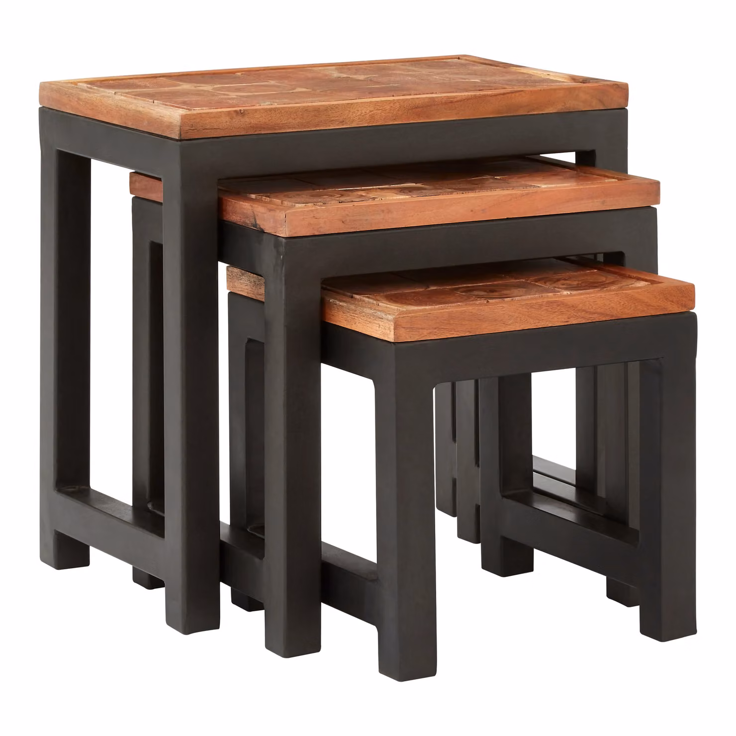 Orsina Set of Three Modern Acacia Wood and Metal Nesting Tables in Brown and Black – 2