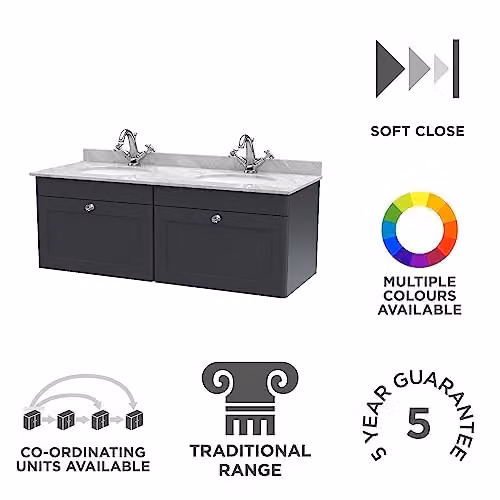 nuie Classique Traditional Wall Hung Double Bathroom Vanity Unit with 2 Drawers, Marble Top and Round Basin, Soft Black/Grey, W: 120 cm, D: 47 cm, H: 50.9 cm – 2