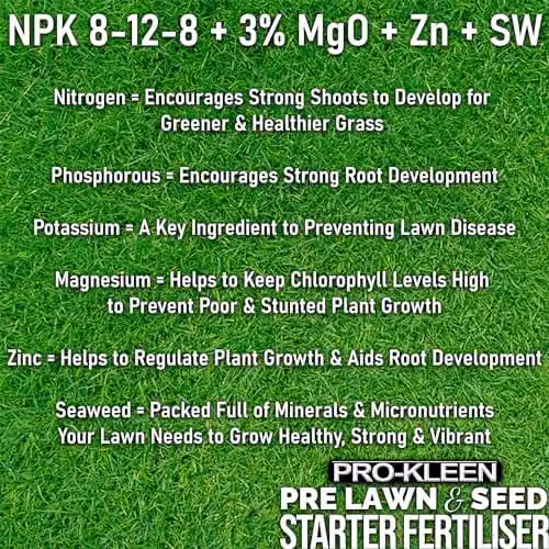 Pro-Kleen Pre Lawn and Seed Starter Fertiliser, 2.5kg, NPK 8-12-8 with Magnesium, Zinc and Seaweed – 2