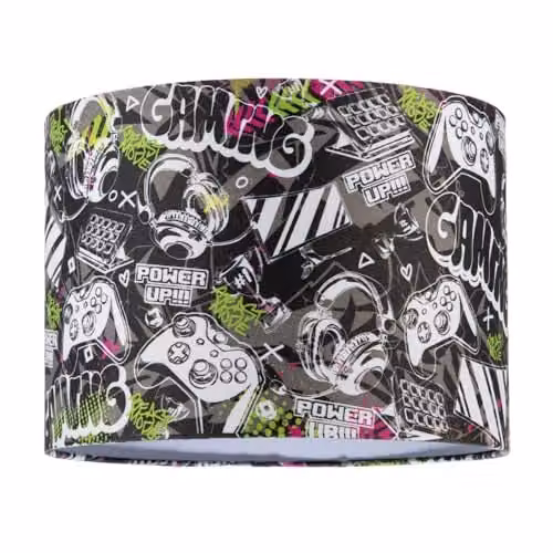 Happy Homewares Modern Gaming Themed Cotton Fabric Cylinder Lamp Shade in Black and Green, W: 18 cm, H: 25 cm