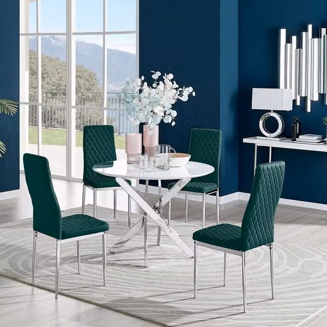 FurnitureboxUK Novara White High Gloss Round Dining Table and 4 Green Velvet Milan Chairs
