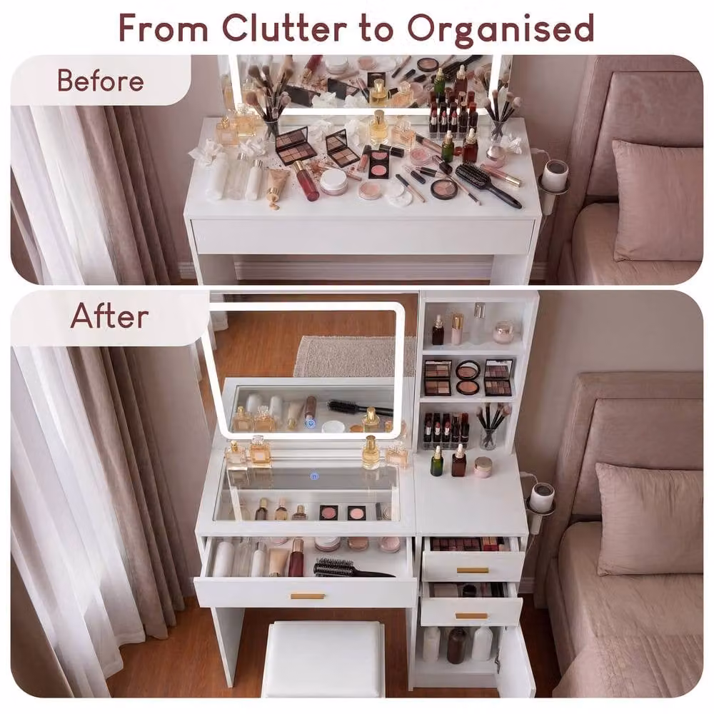 Home Discount Vida Designs Clova LED Dressing Table with 3 Drawers, 1 Door and 2 Shelves in White – 5