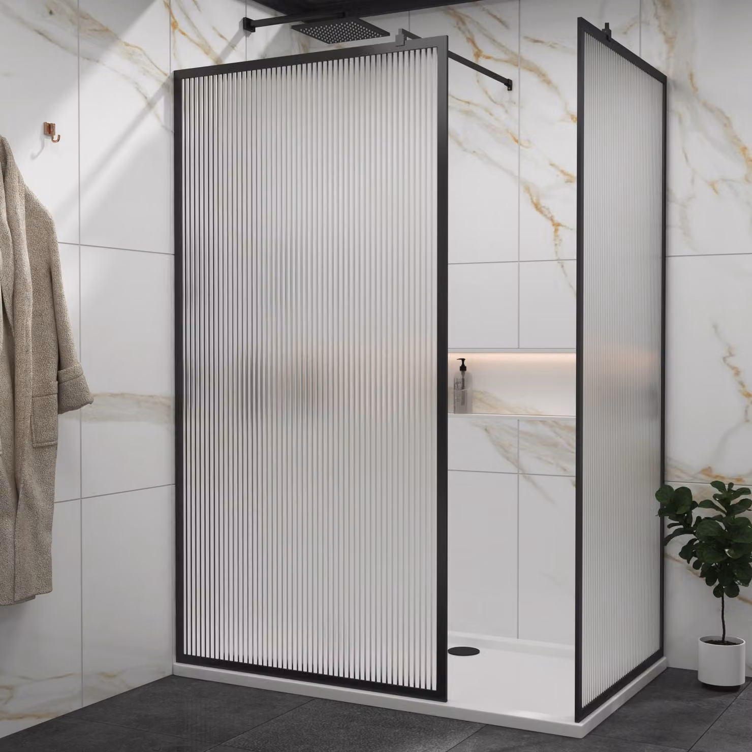 Royal Bathrooms Luxor Walk In Fluted Shower Enclosure with Matt Black Frame and Easy Clean Glass, W/D: 160 x 80 cm