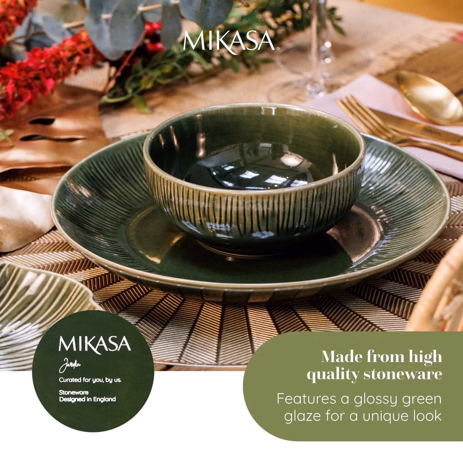 Mikasa Jardin Floral Stoneware Side Plate Set of 4, Green, Diameter: 22 cm – 10