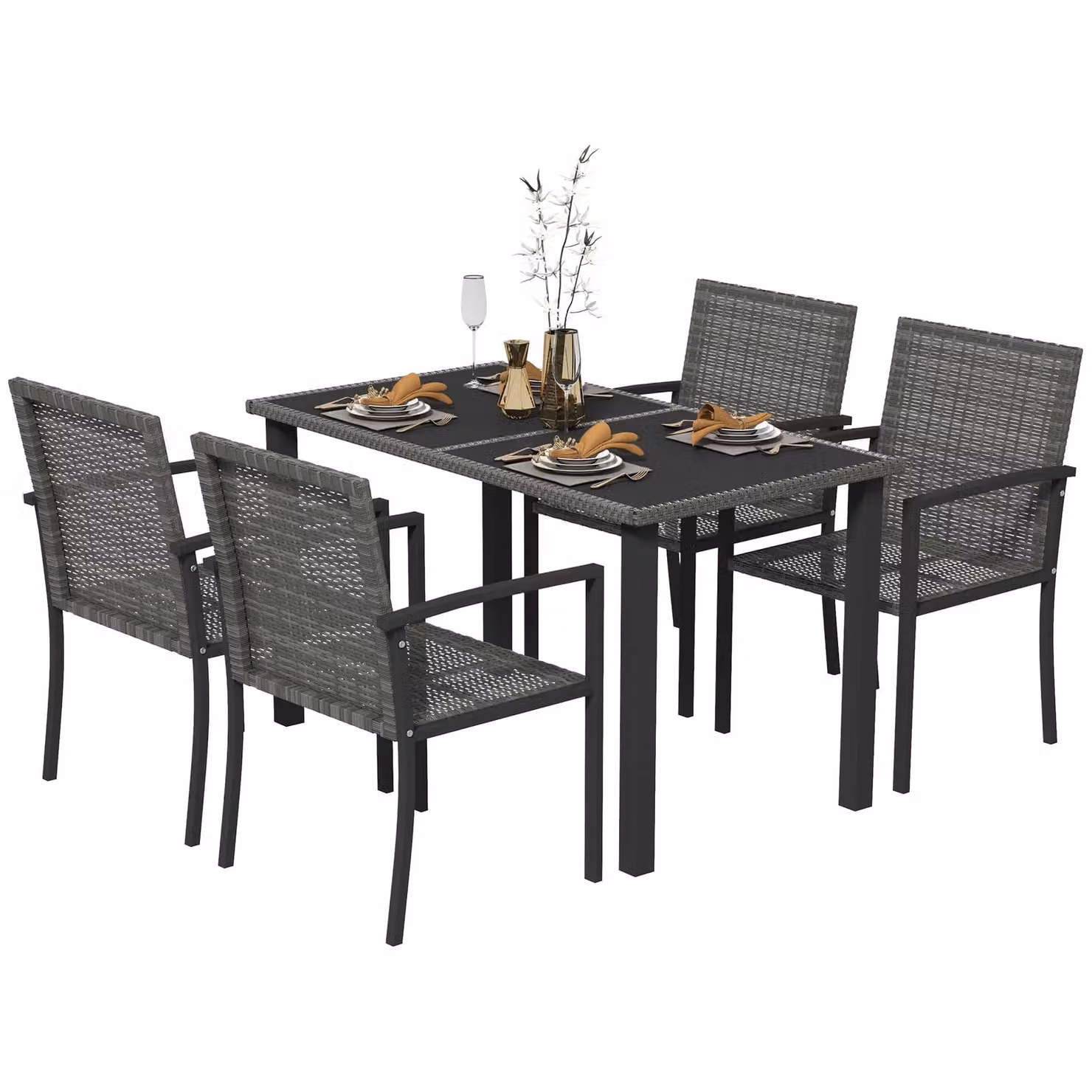 OUTSUNNY 4 Seater Grey Polyrattan Garden Furniture Set with Glass Tabletop – 1
