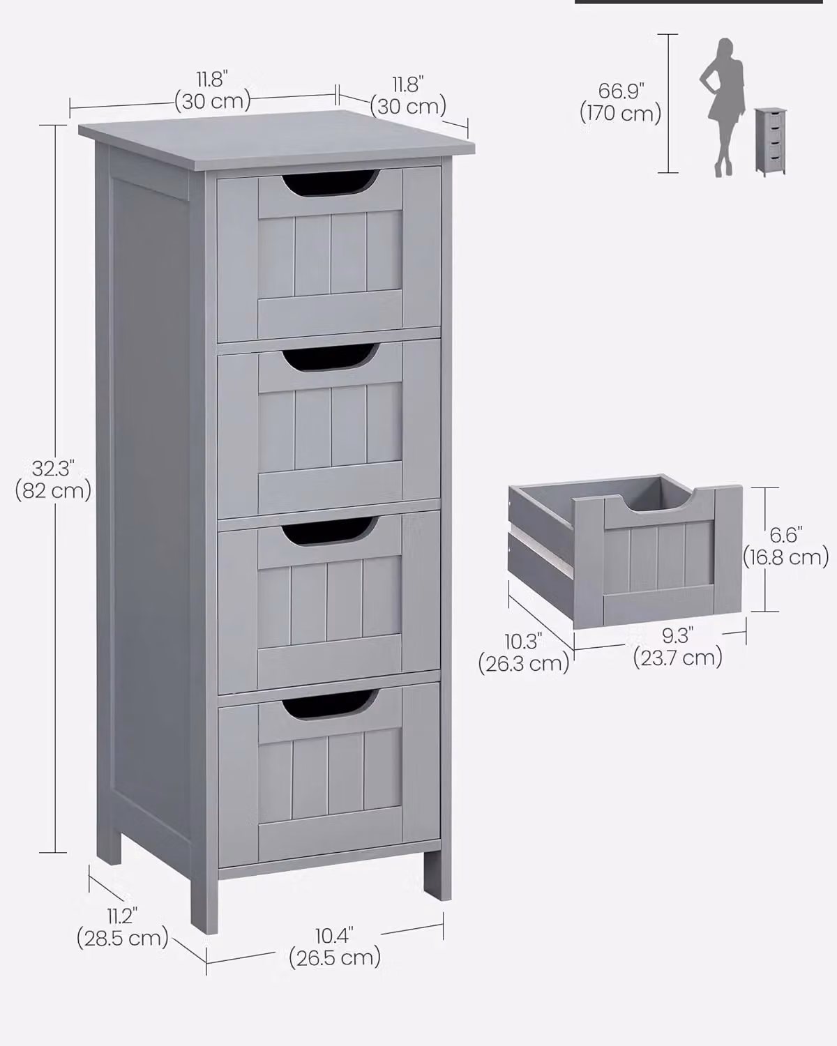 VASAGLE Compact Freestanding Bathroom Floor Cabinet with 4 Drawers in Light Grey – 2