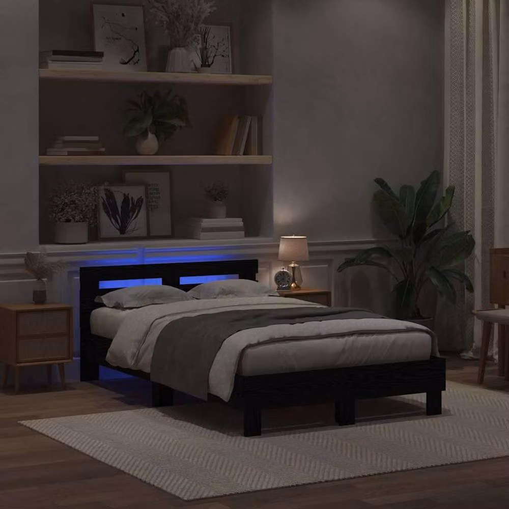 Berkfield Home Modern Slatted Bed Frame in Black Oak Engineered Wood with USB Charging Port and Under-bed Lighting – 4