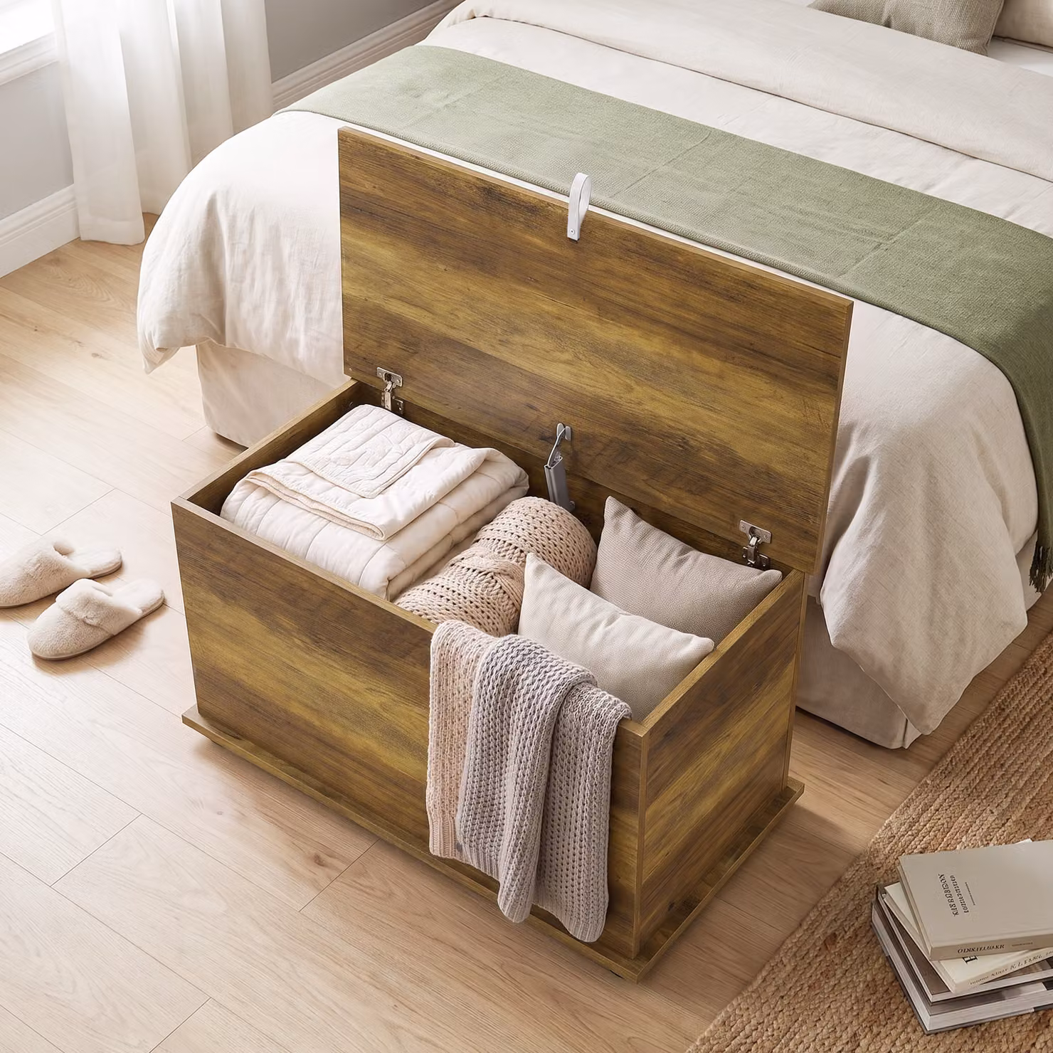 HOMCOM Brown Storage Chest and Shoe Bench with Safety Hinged Lid, W/D/H: 80 x 40 x 45 cm – 6
