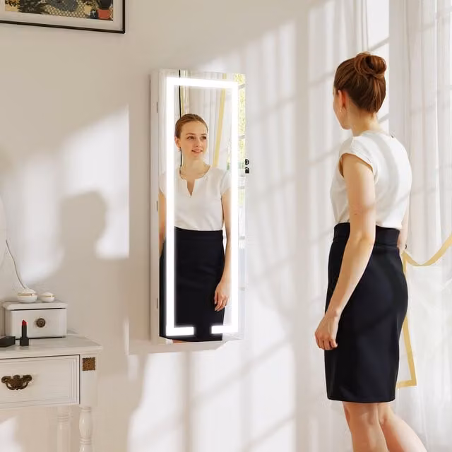 HOMCOM White LED Mirror Jewellery Cabinet with Full Length Mirror and Lock